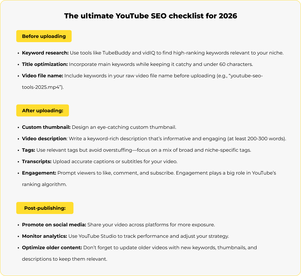 YouTube SEO checklist

