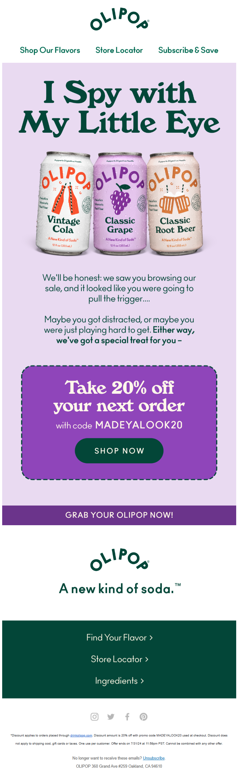 abandonment email from Olipop