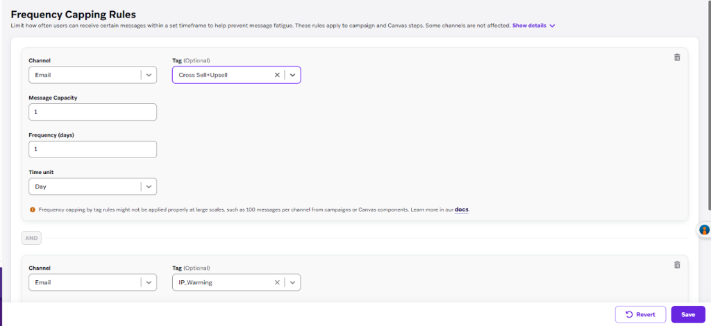 Braze frequency capping rules