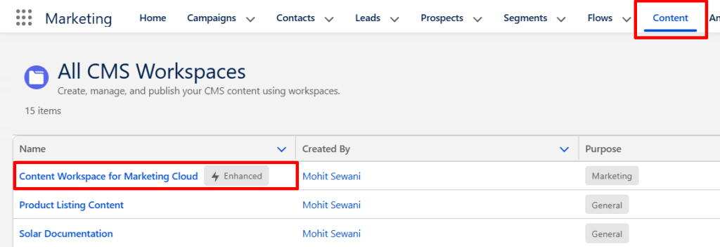 CMS workspace in MCN