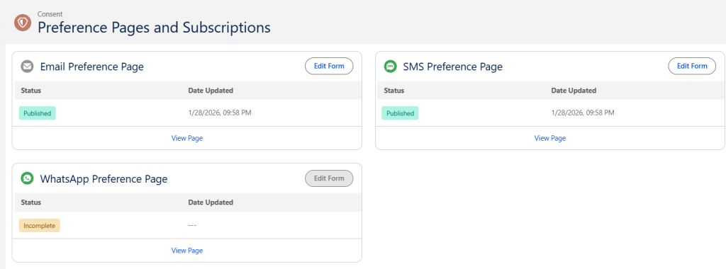 Preference pages and subscriptions