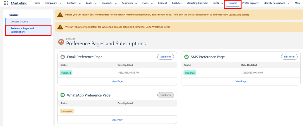 Preference pages and subscriptions