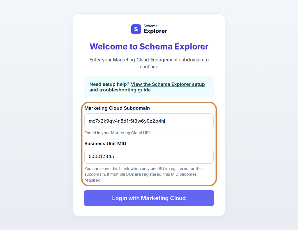 Figure 1: The Schema Explorer login, with the subdomain and MID fields highlighted