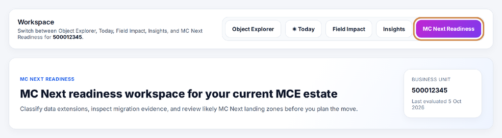 Figure 1: The MC Next Readiness workspace
