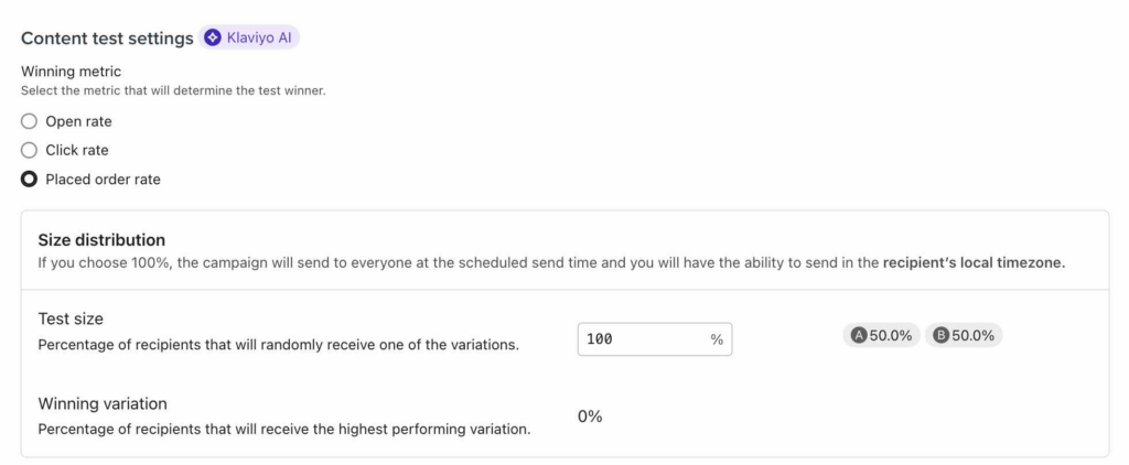 Klaviyo  A/B testing for emails
